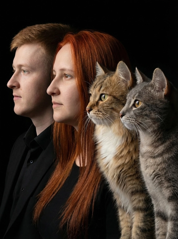 Профессиональный студийный портрет с низким контрастным светом. Головы расположены строго в одну линию. боковой профиль, взгляд влево. У всех видны только головы и немного плечи. Головы занимают весь кадр. Черный фон. Черная одежда у всех. Расположи их в таком порядке: парень, девушка,кошка рыженькая,последний кот серый