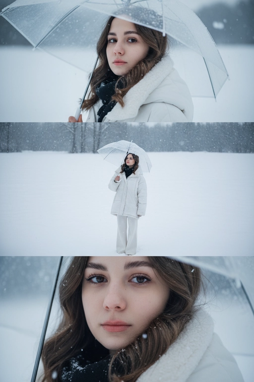 Создай вертикальный кадр, разделённый на три горизонтальных изображения одинакового размера, расположенных рядом. Главный персонаж основан на референсном лице, причёске и фигуре: фигура с выражением грусти и ностальгии, с глубокими глазами, излучающими одиночество. Наряд представляет собой свободный белый зимний пуховик, широкие брюки и чёрный шарф. Общая атмосфера утопает в белом снеге, холодная цветовая палитра навевает меланхолию и одиночество. Изображение 1 (портрет): Персонаж держит прозрачный зонт, слегка откинув голову назад и глядя прямо в кадр через плечо. Выражение лица печальное, взгляд проникновенный. Фон размыт снежной белизной. Изображение 2 (в полный рост): Персонаж с зонтом стоит один на бескрайнем заснеженном поле, идя и глядя в небо. Камера направлена ​​сверху вниз, как будто персонаж поднимает руку, чтобы поймать падающие снежинки. Вдали виднеются несколько голых деревьев без листьев. Сцена передаёт ощущение ничтожности и изолированности на фоне бескрайности природы. Изображение 3 (крупный план): Увеличенный кадр глаз персонажа с отстранённым, печальным взглядом, вызывающим чувство одиночества и тоски.