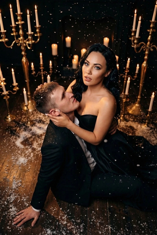 Ракурс камеры чуть сверху и сбоку. Романтическая и драматичная сцена в тёмном помещении. На полу сидит пара — мужчина и женщина верхом на мужчине в тесном, интимном положении. Женщина повернута к камере, её лицо поднято вверх, взгляд в камеру, хорошо освещено мягким тёплым светом. Она смотрит прямо вперёд, немного приоткрыв губы, с выразительным, глубоким взглядом. Если у женщины на фото длинные волосы. то они уложены в роскошные голивудские волны. Если короткие, то волосы просто красиво лежат.  На ней женщине длинное черное платье с лифом-бюстье без бретелей, подчеркивающее силуэт, создающими драматический силуэт.

Мужчина сидит у её груди, склонив голову к ее ключице и смотрит в ее лицо снизу вверх, словно обнимая её, одной рукой. Другой рукой упирается в пол позади себя. Он в чёрном классическом костюме и белой сорочке. Женщина одной рукой держит его за затылок, пальцы мягко погружены в волосы, создавая ощущение близости и страсти.

Вокруг пары падают искусственные снежинки — мелкие белые хлопья, подсвеченные тёплым светом свечей, что создаёт атмосферу зимней магии и романтики. На полу вокруг них разбросан «снег», добавляя глубины сцене.

Позади пары стоят золотистые и латунные канделябры с горящими свечами — тонкие высокие свечи создают мягкое золотое сияние. Из-за низкого освещения фон почти исчезает, оставляя только теплые огоньки и силуэты свечей. Освещение — контрастное: тёплый свет от свечей и мягкая направленная подсветка на лица. Очень темное фото.

Пол — тёмный, возможно деревянный, слегка блестящий от света. Атмосфера кадра — готическая, чувственная, тёплая, драматическая и немного мистическая.