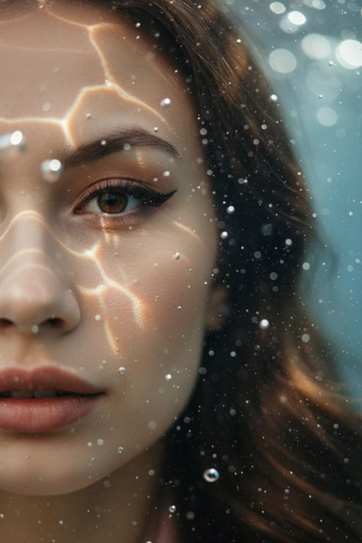 Гиперреалистичный, сверхдетализированный
макропортрет, на котором запечатлена только левая половина человеческого лица, погруженного под воду. Один глаз находится в резком фокусе у крайнего левого края кадра. Лучи света создают динамичные блики на коже, подчеркивая поры, влажные губы, ресницы и тонкие текстуры, создавая эффект реалистичного рассеивания под поверхностью. Капли и пузырьки воздуха придают глубину и подвижность.
Кинематографическое подводное освещение с мягкими тенями и четкими бликами усиливает сюрреалистическую, сказочную атмосферу.
Чрезвычайно малая глубина резкости, фотореалистичный рендеринг. Не меняй внешность, полностью сохрани черты лица.