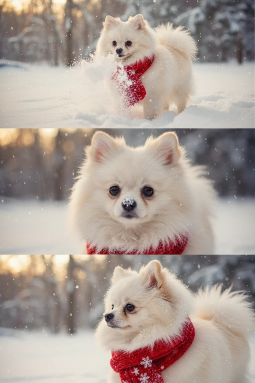     Коллаж из 3-Х фото моего питомца на зимнем фоне в снегу. Питомец в вязаном шарфе, вокруг падает снег, на заднем плане заснеженный лес.

Первый кадр — питомец в полный рост. Он играется со снегом 

Второй кадр — крупный план, увеличенный кадр мордочки питомца с одной снежинкой на носике. Мордочка питомца занимает весь кадр, взгляд прямо в камеру 
 
Третий кадр - портрет питомца, он смотрит в левую сторону. На фото виден шарф, на шарфу есть снежинки 

Три кадра объединены в вертикальный коллаж в едином тоне и свете. Атмосфера — реалистичная, теплая и немного кинематографичная.
Свет мягкий, утренний.  Цвет шарфа - красный 
