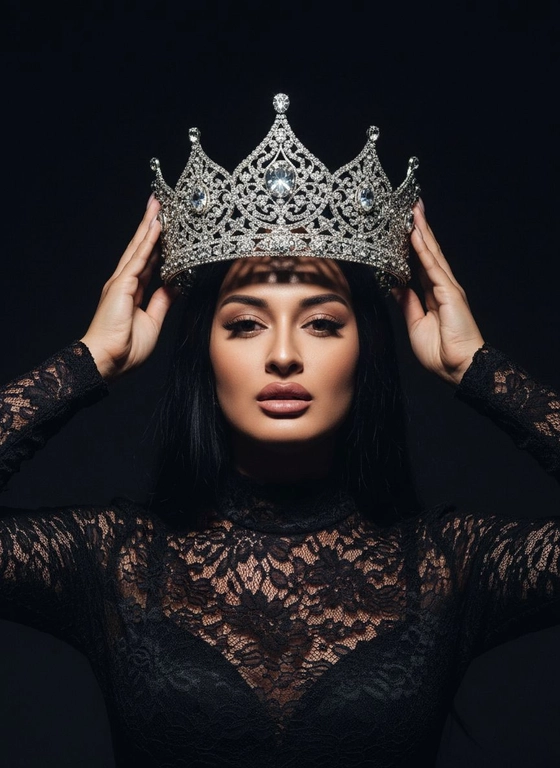 Модный портрет женщины крупным планом, стоящей прямо перед камерой, со слегка приподнятым подбородком. Она держит двумя руками почти над головой искусно выполненную корону с богатым филигранным орнаментом и крупными сверкающими драгоценными камнями. Корона находится в резком фокусе, отбрасывая тень на лицо. Освещение падает сверху, подчёркивая корону и создавая драматичный, контрастный эффект. Тёмная тень на лице усиливает ощущение таинственности и элегантности. Её платье – из тонкого чёрного кружева с высоким воротом. Фон темный, усиливая драматизм. Корона цвета белого золота.