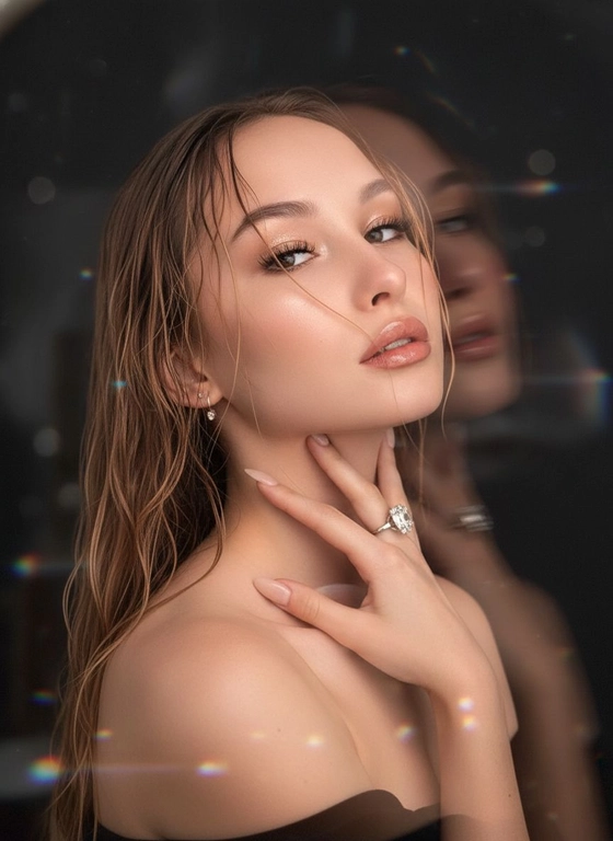 Создайте портрет женщины с длинными, волнистыми, влажными волосами, свободно ниспадающими на плечи, некоторые пряди прилипают к лицу. Она чувственно смотрит в камеру, слегка откинув голову назад, словно наслаждаясь мгновением покоя или чувственности. Её рука нежно лежит на шее, на пальце – эффектное сверкающее кольцо. Плечи опущены. Тёмный, почти однотонный и размытый фон подчёркивает силуэт и лицо женщины. Весь образ мастерски передан с помощью размытия в движении и световых бликов, которые создают ощущение естественного, сказочного движения головы и руки. Мягкие, тёплые тона, лёгкое свечение кожи и губ создают интимную, чувственную и таинственную атмосферу. Эффекты: размытие в движении, художественная длительная выдержка, тёплые тона, атмосфера сновидения. Макияж выразительный: длинные чёрные ресницы, бежевые тени с лёгким мерцанием, выразительные контуры и румяна, безупречная кожа и пухлые губы с нюдовым блеском и тёмно-коричневым карандашом для губ. Ухоженные брови с эффектом Bravenlifting. Длинные, заостренные ногти. Реалистичное фото, как будто снято на профессиональную камеру. Сохраните черты лица такими, какие они есть.