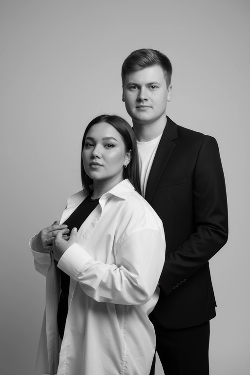 Черно-белый портрет мужчины и женщины в стиле фэшн фотосессии в фотостудии. Не изменяйте лица. Фон нейтральный, однотонный, светло-серый. Атмосфера интимная и спокойная. На переднем плане женщина. Вся композиция выполнена в приглушенной монохромной гамме со студийным освещением, которое подчеркивает текстуру кожи и одежды. Её руки лежат на груди мужчины. Мужчина обнимает женщину сзади, положив свою руку поверх её руки. Она одета в черный топ, белую оверсайз рубашку. Мужчина одет в  классическом черном пиджаке и белой футболке.