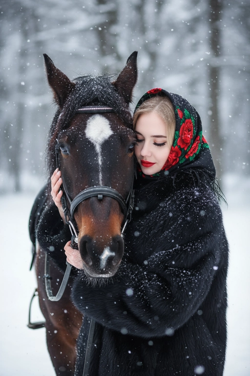 На изображении крупным планом показаны девушка и лошадь в зимней обстановке. Снег падает, создавая эффект заснеженности.девушка, одетая в шубу, обнимает лошадь. у девушки нарощенные ресницы. Девушка смотрит вниз и обнимает лошадь. На ее голове надет черный платок с ярким цветочным узором, включающим красные розы и зеленые листья. На ее губах нанесена красная помада.Лошадь темной масти, на лбу у нее белое пятно в форме ромба. На голове лошади надета упряжь. Мех и шерсть обоих покрыты снежинками.Фон представляет собой размытый зимний пейзаж с деревьями. На девушке пушистая черная шуба