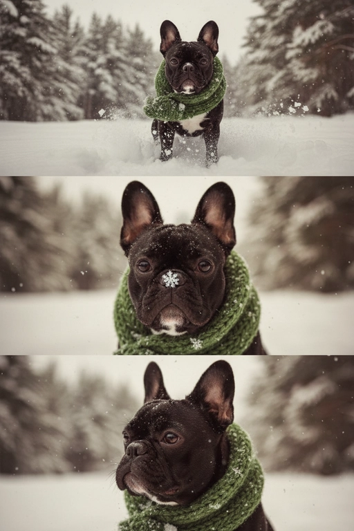     Коллаж из 3-Х фото моего питомца на зимнем фоне в снегу. Питомец в вязаном шарфе, вокруг падает снег, на заднем плане заснеженный лес.

Первый кадр — питомец в полный рост. Он играется со снегом 

Второй кадр — крупный план, увеличенный кадр мордочки питомца с одной снежинкой на носике. Мордочка питомца занимает весь кадр, взгляд прямо в камеру 
 
Третий кадр - портрет питомца, он смотрит в левую сторону. На фото виден шарф, на шарфу есть снежинки 

Три кадра объединены в вертикальный коллаж в едином тоне и свете. Атмосфера — реалистичная, теплая и немного кинематографичная.
Свет мягкий, утренний. Цвет шарфа - зеленый