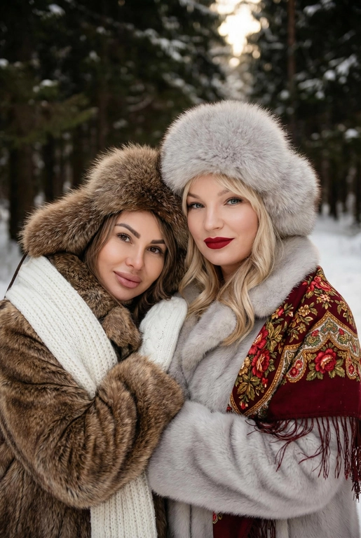 Создай кадр, который представляет собой теплый, уютный, слегка ностальгический зимний портрет в фэшн/фолк-стиле. Атмосфера спокойная, элегантная, дружеская близость двух моделей; сочетание высокой моды (мех, профессиональная ретушь) и фольклорной эстетики (вышитый шарф). Композиция и позирование: Форма кадра: портретный, вертикальный (соотношение примерно 3:4). Расположение: две женщины в центре кадра, тела и головы видны на груди; правая модель немного ближе к камере. Позы: девушки стоят близко друг к другу, левая модель слегка опирается на правую; плечи слегка повернуты к камере. Взаимодействие: мягкая улыбка, закрытое выражение лица, взгляд в камеру; дружелюбный, уверенный тон. Лица и макияж: Кожа: гладкая, естественная текстура, легкий эффект сияния. Глаза: аккуратные блики – оживляют взгляд; нейтральный/теплый макияж теней. Брови: естественная форма, слегка очерчены. Губы: у правой модели насыщенный матовый красный (центральный акцент), у левой – нежно-розовый нюдовый. Волосы: свободные пряди вокруг лица, несколько прядей с легкой волной для естественности. Шапки: большие пушистые меховые шапки с очень четко выраженной текстурой меха; справа – светло-серый мех, слева – коричневый мех. Форма: высокие, округлые, плотно сидят на голове, частично закрывают лоб – создают силуэт и рамку для лица. Верхняя одежда и текстуры: меховые пальто: густой натуральный мех у левой модели коричневый, у правой модели – светло-серый тон с видимым направлением волосков; богатая текстура и объем. У девушки справа на правом плече маленький платок с традиционным русским орнаментом – яркие цветы и листья, на фоне глубокого красного цвета с золотисто-терракотовыми, зелеными деталями; Тонкая бахрома ниспадает на ее плечо. У девушки слева на левом плече небольшой вязаный белый шарф с крупным ажурным узором, что добавляет контраста в текстуре и цвете. Окружение и фон: Лес: темные хвойные деревья, вертикальные силуэты стволов; снег на земле/вдали — размытый фон (боке).