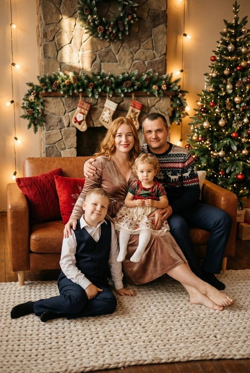   Создай трогательный кадр из профессиональной фотосессии в студии, где запечатлен момент семейной близости. Люди на фото могут быть как взрослыми так и детьми, в зависимости от предоставленных фото. Сделай так, чтобы все они смотрелись гармонично и трогательно. Фото в стиле Энни Лейбовиц, четкий фокус.

Люди в расслабленных позах на низком коричневом кожаном диване и на плотном светлом вязаном ковре. Естественные прически и минимальный макияж. 

Студия украшены в рождественском или новогоднем стиле, рядом с диваном стоит елка, позади дивана камин. Каминная полка украшена еловой гирляндой, шишками и маленькими рождественскими носочками. На диване красные декоративные подушки. В студии висят теплые гирлянды и мягко светятся.  

На фото видно лица людей и они смотрят в камеру.
 
Освещение мягкое, естественное, теплое, в стиле "Золотой час", мягкие тени, камера на уровне глаз, теплый цветовой грейд (золотисто-коричневые тона), натуральные оттенки, тонкая ретушь, мягкая пленочная текстура, атмосфера уюта, семейного тепла и близости. Одежда в новогоднем праздничном стиле, элегантные наряды