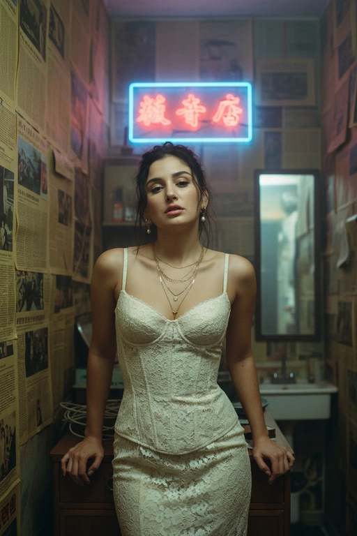 Используйте отправленную мной фотографию в качестве референса. Создайте фотореалистичный гонконгский ретро-портрет с аутентичным видом фильма 1990-х годов, как кадр из мрачного фильма. Строго сохраняйте индивидуальность (разрез глаз, губы, переносицу, линию подбородка, тон кожи). Вертикальный портрет, от середины бедра до головы (3/4 тела). Модель стоит, слегка наклонившись к камере, обе руки лежат на небольшом деревянном шкафу позади нее; плечи расслаблены. Подбородок слегка опущен, взгляд вверх, в камеру с меланхоличным, спокойным выражением. Сцена: тесная, захламленная гонконгская комната, стены от края до края оклеены пожелтевшими кантонскими газетами. Позади модели: туманная неоновая китайская вывеска (красный и голубой), светящаяся сквозь туман у потолка. Загроможденная мебель: компактный шкаф, разбросанные провода, виден край небольшого зеркала. Гардероб и стиль: платье в стиле корсета из кремового/слоновой кости кружева (со вкусом, неоткровенное), многослойные изящные золотые ожерелья, маленькие серьги-кольца или жемчужные серьги. Волосы взъерошены. Лицо должно быть точной копией моих настоящих черт лица, не меняйте лицо и сделайте фотографию высокого разрешения.