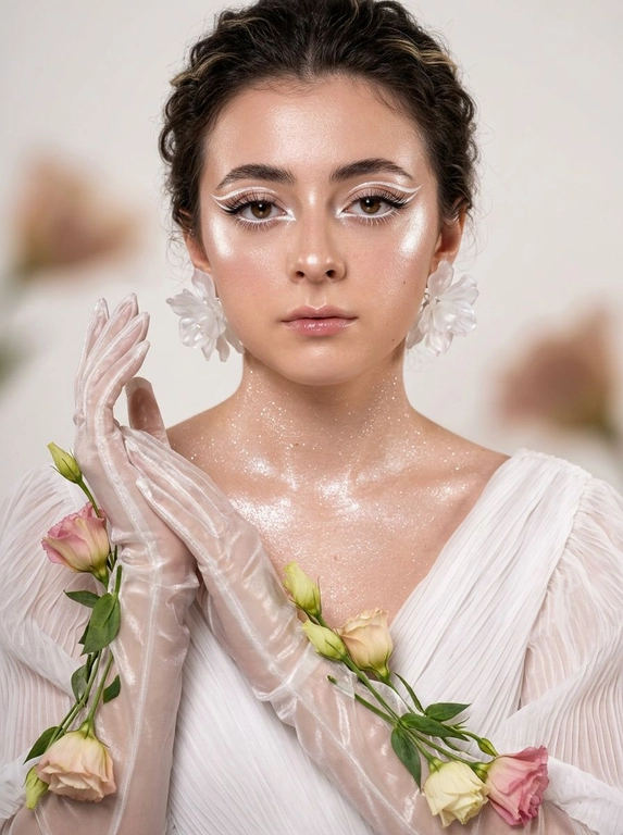 Создай крупный портрет в стиле высокой моды, не меняя черты лица. Элегантный макияж глаз с длинными острыми белыми двойными изогнутыми стрелками, длинные густые ресницы эффект лучики, нижние густые ресницы накрашены белым, белый каял карандаш на нижнем веке, белый хайлайтер во внутренних уголках и на скулах. Тело и декольте подсвечены хайлайтером и шиммером. На ушах объемные полупрозрачные белые серьги-цветы. Высокая детализация текстур кожи и одежды. Лицо освещено ярким белым светом, изящный кадр с нежным светом, мягко обволакивающим фигуру и подчеркивающим пышные складки белого платья из тонкой плиссированной ткани, создающей легкость. В длинных полупрозрачных перчатках, добавляющих изысканности и загадочности. По запястьям из-под перчаток и по предплечьям живые цветы — розовые и кремовые бутоны эустомы и листья, контрастирующие с кожей и блеском перчаток. Лицо обращено к камере, выражение спокойствия и мечтательности, с влажной сияющей кожей. Равномерно светлый нейтральный фон акцентирует фигуру и детали, тени размыты, создавая атмосферу тепла и уюта. Композиция сосредоточена на верхней части тела и руках, подчеркивая грациозность и изящество, фотореалистичное изображение, высокая детализация, 8K, высокая контрастность. Девушка смотрит прямо в камеру.
