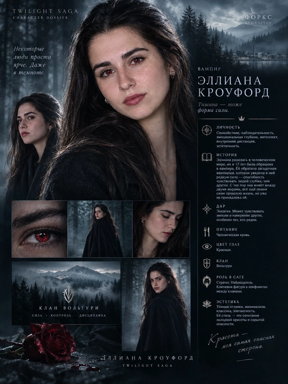 Создай cinematic character
poster в стиле официальных
фильмов Twilight Saga: мрачная атмосфера, лес Форкса, туман, холодная цветокоррекция и драматичный свет.
На постере текстом и визуально должны быть:
1. тип существа,
2. имя (не должно совпадать с именами героев канона) и фамилия персонажа,
3. описание личности,
4. история,
5. способности (если есть),
6. цвет глаз (если изменен, и отрази это во внешности)
7. клан/стая,
8. роль в саге,
9. эстетика персонажа,
Используя моё фото, создай образ персонажа и оформи результат как character dossier с инфографикой и в стиле
Twilight Saga.
1. Вампир: спокойствие, наблюдательность, эмоциональная глубина, интеллект, внутренняя дистанция и эстетичность.
2. Оборотень: эмоциональность, энергия, импульсивность, защитный характер, преданность и лидерство.
3. Человек: реалистичность, человечность, адаптивность, искренность и влияние на сюжет без сверхсил.
Если выбран вампир - укажи: клан, дар, историю обращения, диету и цвет глаз по канону («золотые» при животной диете, «красные» при человеческой).
Если выбран оборотень - укажи: стаю, роль в стае и историю первого обращения. У оборотней нет дара.
Если выбран человек - укажи: историю. всё на русском языке