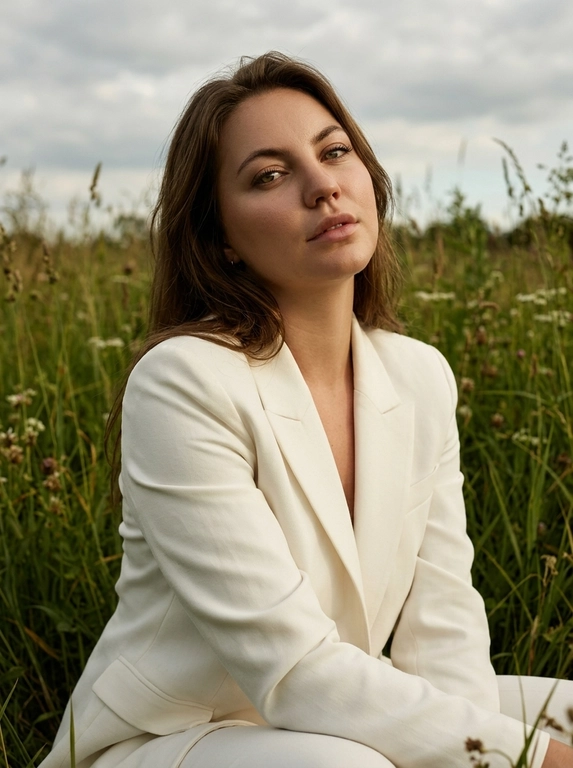 Фотосессия женщины в стиле модной съемки на открытом воздухе. Она позирует на поле с высокой зеленой травой. Цветовая гамма землистая и насыщенная, с оттенками зеленого и коричневого. Женщина одета в белый пиджак из гладкой костюмной ткани. Сидит в траве, Макияж естественный, в коричневых оттенках. Кожа сияет.  Fashion editorial, vogue style, old money, cinematic lighting, 8K, ultra-realistic. Средний план: она слегка подняла взгляд. Глаза всё равно направлены в камеру, лёгкая игра света и тени на лице. Пасмурная погода.