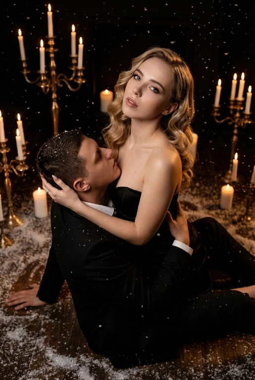 Ракурс камеры чуть сверху и сбоку. Романтическая и драматичная сцена в тёмном помещении. На полу сидит пара — мужчина и женщина верхом на мужчине в тесном, интимном положении. Женщина повернута к камере, её лицо поднято вверх, взгляд в камеру, хорошо освещено мягким тёплым светом. Она смотрит прямо вперёд, немного приоткрыв губы, с выразительным, глубоким взглядом. Если у женщины на фото длинные волосы. то они уложены в роскошные голивудские волны. Если короткие, то волосы просто красиво лежат.  На ней женщине длинное черное платье с лифом-бюстье без бретелей, подчеркивающее силуэт, создающими драматический силуэт.

Мужчина сидит у её груди, склонив голову к ее ключице и смотрит в ее лицо снизу вверх, словно обнимая её, одной рукой. Другой рукой упирается в пол позади себя. Он в чёрном классическом костюме и белой сорочке. Женщина одной рукой держит его за затылок, пальцы мягко погружены в волосы, создавая ощущение близости и страсти.

Вокруг пары падают искусственные снежинки — мелкие белые хлопья, подсвеченные тёплым светом свечей, что создаёт атмосферу зимней магии и романтики. На полу вокруг них разбросан «снег», добавляя глубины сцене.

Позади пары стоят золотистые и латунные канделябры с горящими свечами — тонкие высокие свечи создают мягкое золотое сияние. Из-за низкого освещения фон почти исчезает, оставляя только теплые огоньки и силуэты свечей. Освещение — контрастное: тёплый свет от свечей и мягкая направленная подсветка на лица. Очень темное фото.

Пол — тёмный, возможно деревянный, слегка блестящий от света. Атмосфера кадра — готическая, чувственная, тёплая, драматическая и немного мистическая.
