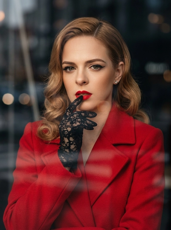Фотореалистичный fashion-портрет женщины.
Элегантная, уверенная, кинематографичная съемка в стиле high fashion editorial.
Крупный портрет по грудь, легкий поворот корпуса, взгляд прямо в камеру, слегка приоткрытые ярко-красные губы, выразительный макияж с черной стрелкой eyeliner.
На ней ярко-красное пальто с плотной тканью и аккуратным кроем, образ роскошный, дерзкий и женственный.
Одна рука в черной кружевной перчатке поднята к лицу, пальцы слегка касаются подбородка и губ, создавая изысканную позу.
Украшения минимальные, небольшие элегантные серьги.
Съемка через стекло или окно, на переднем плане мягкие размытые отражения и легкие полосы стекла, как у уличной модной фотографии.
Фон темный, размытый, с мягким боке и атмосферой города, но без отвлекающих деталей.
Освещение мягкое, теплое, контрастное, с красивыми тенями на лице, skin glow, естественная текстура кожи, дорогой журнальный стиль.
Цветокоррекция: теплые глубокие оттенки, акцент на красный цвет пальто и губ, благородные темные тени, cinematic mood.
Фото выглядит как дорогая съёмка для модного журнала, ultra realistic, high detail, sharp focus on face, shallow depth of field, 85mm portrait lens, soft film grain, luxury editorial aesthetics.
Негативный промпт
искаженное лицо, другая личность, лишние пальцы, лишние руки, деформированные губы, кривые глаза, плохая анатомия, мультяшность, пластик, чрезмерная ретушь, низкое качество, размытое лицо, шум, пересвет, артефакты, лишние украшения, лишний фон, неестественная кожа, плохой макияж, кривой нос, неправильные пропорции, двойное лицо

Какая будет укладка?: Укладка в стиле ретро-glam: волосы аккуратно уложены в крупные гладкие волны с выраженным объёмом у корней, мягким боковым пробором и глянцевой, ухоженной текстурой. Волны обрамляют лицо и создают элегантный образ в духе классической голливудской съёмки.