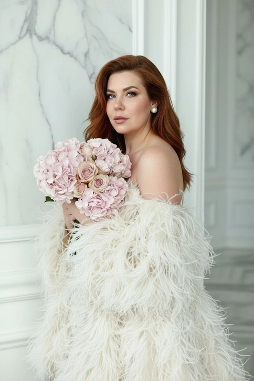 Создай крупный плечевой портрет, не меняя черты лица.Детальный крупный портрет элегантной женщины в эффектном, роскошном, модном платье. Женщина с волнистыми волосами. Одежда представляет собой объемное творение кутюр, полностью сделанное из больших, текстурированных, кремово-белых перьев, уложенного с открытыми плечами, чтобы обнажить декольте  Женщина стоит в динамичной, чувственной позе, прислонившись к белой классическому архитектурной стене. На ней серьги-гвоздики жемчужные . На заднем плане представлен грандиозный, классический интерьер/экстерьер - ярко-белая мраморная или лепная стена. Редакционное освещение, мягкое и рассеянное, подчеркивающее текстуру перьев и кожи.в руках букет. Высокое разрешение, сверхдетализация, модная фотография Букет из пудрово-розовых гортензий и роз