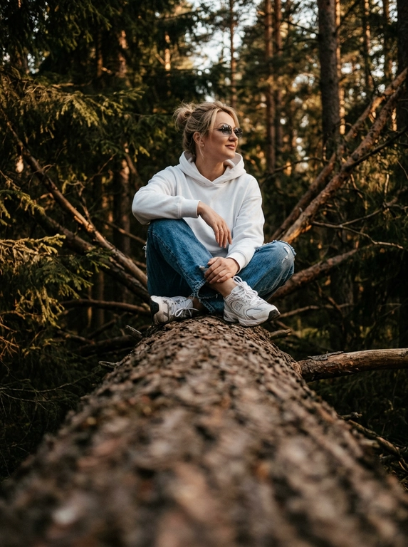 Объектив 35mm, f/1.8, камера расположена очень низко прямо вдоль массивного поваленного дерева, создавая сильную перспективу переднего плана — текстура коры крупно размывается к камере и уводит взгляд к модели. Модель сидит на бревне по-турецки, ноги скрещены перед собой, локти расслабленно опираются на колени, кисти свободно свисают между ног. Корпус слегка подан вперёд, плечи расслаблены, голова повёрнута в сторону, на лице мягкая улыбка без зубов, взгляд направлен вдаль мимо камеры, создавая спокойную уютную атмосферу caught candid moment. На ней белое oversize худи из плотного премиального хлопка с объёмным капюшоном и длинными рукавами, синие свободные джинсы с потёртостями и слегка выцветшей текстурой денима, на ногах белые кроссовки в стиле New Balance с массивной подошвой. На глазах узкие прямоугольные солнцезащитные очки Miu Miu без оправы с серыми зеркальными стёклами. Высокие хвойные деревья вокруг, cinematic forest atmosphere, тёплый вечерний свет проходит сквозь ветви, глубокие тени и мягкие золотисто-коричневые оттенки, moody underexposed fashion photography, intentionally lowered exposure, rich shadows, subtle warm highlights, лёгкая плёночная зернистость, RAW photo, реалистичная текстура кожи, объёмное боке, luxury Pinterest editorial aesthetic.

Какая будет прическа?: Волосы уложены в небрежный пучок