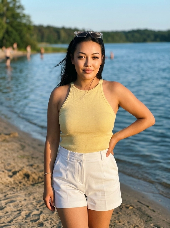 Фотореалистичная lifestyle-фотография в вертикальном формате 4:5, снятая на iPhone 17 Pro Max, объектив 1×. Женщина стоит у кромки спокойной реки или озера на песчаном пляже тёплым летним вечером.

Камера расположена немного ниже уровня груди. Кадр имеет лёгкий естественный наклон. Женщина показана от головы примерно до колен, чтобы хорошо читались фигура и поза. Она слегка наклоняет корпус в сторону камеры, голова также немного наклонена. Взгляд направлен прямо в объектив, на лице лёгкая уверенная полуулыбка.

Волосы слегка развеваются тёплым вечерним ветром. Кожа ровная, загорелая, с естественным сатиновым сиянием. Макияж soft glam: ровный тон, лёгкий бронзер, тонкие стрелки, длинные ресницы, аккуратно оформленные брови и губы с мягким сатиновым финишем.

Правая рука лежит на бедре, левая свободно опущена вдоль тела. Поза расслабленная, естественная и уверенная. Ноги видны примерно до уровня колен.

На заднем плане спокойная голубая вода с лёгкой рябью, удалённая береговая линия с зелёными деревьями и несколько отдыхающих далеко на фоне.

Освещение тёплого золотого часа. Мягкий солнечный свет падает сбоку, освещает лицо и кожу, создаёт естественный объём, деликатные блики и длинные мягкие тени.

Дорогая летняя lifestyle-съёмка, тёплые золотистые оттенки, насыщенный синий цвет воды, натуральные тона кожи, слегка пониженная экспозиция, мягкий контраст, лёгкая цифровая зернистость, реалистичный эффект мобильной камеры iPhone, RAW, максимальный фотореализм, высокая детализация, атмосфера дорогого летнего отдыха, quiet luxury, natural candid elegance, без AI-глянца, без текста и водяных знаков.

Какая будет одежда?: На женщине облегающий топ нежного butter-yellow оттенка с американской проймой, выполненный из плотного премиального трикотажа с аккуратной посадкой по фигуре. Белые шорты с высокой посадкой из плотной премиальной ткани, прямым кроем, чисто обработанным краем и лаконичной дорогой фурнитурой. На голове элегантные солнцезащитные очки с прозрачной оправой, поднятые на волосы. На запястье тонкий изящный браслет.