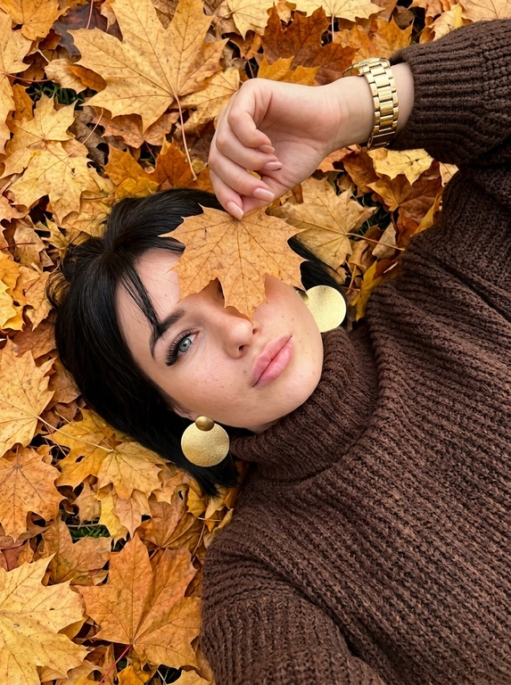 Максимально фотореалистичная фотография, снятая на iPhone. Женщина лежит на спине на плотном ковре из сухих осенних кленовых листьев золотисто-жёлтых, охристых, медных и коричневых оттенков. ракурс: камера находится сверху над женщиной, но не строго вертикально над центром лица — фотограф расположен немного со стороны её корпуса, поэтому кадр идёт сверху вниз под лёгким диагональным углом. Голова находится ближе к верхней части кадра, корпус уходит вниз, лицо и верх тела имеют естественную перспективу. Кадр достаточно близкий — женщина занимает почти всю фотографию, видна примерно от макушки до середины груди, по краям остаётся небольшое количество осенних листьев. Женщина лежит расслабленно, голова немного повернута в сторону, лицо не строго анфас, подбородок слегка развёрнут вбок, при этом глаза смотрят прямо вверх в объектив. Одна рука поднята перед лицом и согнута в локте, женщина тонкими пальцами держит за черенок один сухой коричневый кленовый лист точно напротив одного глаза— лист закрывает один глаз, второй глаз полностью открыт и хорошо виден. На женщине очень объёмный тёмно-коричневый оверсайз свитер из толстой крупной вязки, свободный в плечах и корпусе, с массивным широким высоким горлом и длинными очень широкими рукавами. На поднятой руке поверх рукава свитера находятся одни золотые часы с широким металлическим браслетом, никаких дополнительных часов или браслетов. В ушах крупные эффектные круглые золотые серьги (Не кольца!). Макияж: длинные объёмные пучковые ресницы с 2D-эффектом, кожа с естественной текстурой и видимыми порами, без ретуши. Весь фон состоит только из осенних листьев, без посторонних объектов, слегка пониженная экспозиция, натуральная цветопередача, высокая детализация, фон чёткий без размытия.
