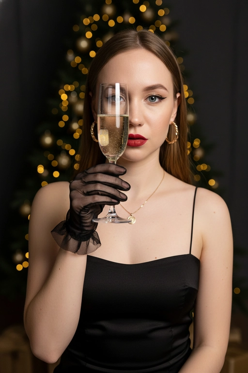 Гиперреалистичный студийный портрет женщины в новогоднем luxury-стиле. Кадр по грудь. Женщина держит узкий бокал с шампанским строго напротив одного глаза (правого или левого), так что стекло полностью перекрывает один глаз, второй глаз открыт и чётко смотрит прямо в камеру. Бокал смещён в сторону от центра лица, не по центру. Через бокал видны пузырьки шампанского. Композиция асимметричная, акцент на контраст между открытым глазом и глазом за стеклом. Взгляд в камеру сквозь бокал шампанского. 

Макияж: идеально выровненный тон кожи, чёткие брови, мягкие золотисто-коричневые тени, чёрные стрелки, яркая матовая красная помада. На ушах крупные золотые серьги-кольца, на шее золотая тонкая целочка с круглым кулоном. 

Одежда: чёрное минималистичное платье на тонких бретелях, прямой вырез. На руке короткая прозрачная чёрная сетчатая перчатка, с рюшами на запястье. Поза прямая, уверенная, взгляд холодный, статный, строго в камеру.

Фон: тёмный студийный фон, за спиной размытая новогодняя ёлка с крупными тёплыми золотыми огоньками боке. Атмосфера роскоши, вечеринка, шампанское, вечер.

Освещение: мягкий ключевой свет спереди, подчёркнутые блики на стекле бокала, губах и коже, лёгкий контровой свет по краю плеч и головы. Глубина резкости малая, фон сильно размыт.

Стиль: high fashion beauty portrait, luxury editorial, cinematic lighting, ultra realistic, sharp focus on open eye and glass, 8k, magazine cover quality.