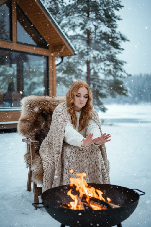Создайте портрет в кинематографическом стиле с эффектом зерна, человек сидит на улице зимой на деревянном стуле, на стуле шкура меховая коричневая. Идёт легкий снег. человек в белом вязанном свитере и сверху накинут плед бежевый большой. 
На фоне деревянный дом с панорамным окном, озеро частично видно и высокие сосны. 
Перед человеком на переднем плане костровая чаша с огнем не в фокусе.
Греет руки над огнем.