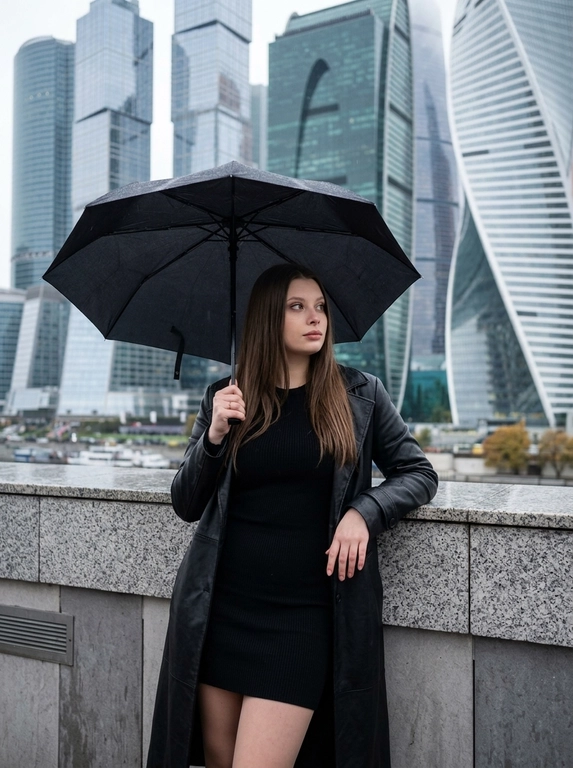 Городской портрет. Женщина у каменного ограждения на фоне башен «Москва-Сити». Корпус и тело женщины повернуты прямо к камере. Женщина стоит у современного каменного ограждения, строго опершись на него правым локтем и смотря в сторону-вправо. В левой руке раскрытый чёрный зонт, женщина находится под зонтом.

Фон: за спиной возвышаются небоскрёбы делового центра «Москва-Сити» под пасмурным дождливым небом. Вокруг холодная осенняя атмосфера. Мягкий рассеянный свет подчёркивает текстуру камня и грани стеклянных башен. Стиль lifestyle-блога.

Камера: объектив 85mm, f/2.2, ISO 100, RAW. Звенящая резкость на волосах, каменном парапете и ресницах. Visible pores, no plastic skin, no AI smoothing.

Запрет: каких-либо металлических поручней и перил.

Одежда: Лаконичное вязаное чёрное мини-платье по фигуре. Сверху длинное чёрное кожаное пальто свободного кроя, расстёгнутое.

Доп. характеристики: Рост:180 вес 79, не меняй внешность 100%