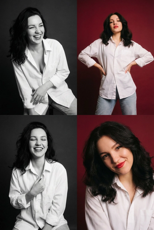Коллаж из четырёх студийных портретов одной женщины, расположенных в сетке 2×2. Не меняй внешность, цвет и текстуру волос. Все кадры сняты в модном editorial-стиле. Образ — естественная красота, лёгкая небрежность, живые эмоции.
Женщина имеет естественный макияж с акцентом на красные губы. На ней белая очень свободная рубашка мужского кроя на несколько размеров больше, частично расстёгнутая, подчёркивающая линию декольте. В отдельных кадрах она слегка придерживает рубашку руками.
Эмоции и позы:
Верхний левый кадр — чёрно-белый, она наклоняется вперёд, смеётся, взгляд в сторону, живой момент.
Верхний правый — цветной, красный студийный фон, руки на бёдрах, уверенный фэшн-портрет. Снято с нижнего ракурса. Видно часть ее светлых джинс.
Нижний левый — чёрно-белый, она смеётся с закрытыми глазами, держит рубашку у груди, расслабленная поза.
Нижний правый — цветной, крупный портрет, легкая улыбка, слегка наклонила голову в сторону, тёплая улыбка, акцент на губах.
Фон: для цветных кадров — глубокий красный студийный фон, для чёрно-белых — нейтральный тёмный фон.
Освещение: мягкий студийный свет, подчёркивающий текстуру кожи, волосы и складки рубашки. Без жёстких теней.
Композиция: кадры слегка разные по ракурсу, создают ощущение живой съёмки backstage.
Стиль: fashion editorial, lifestyle, natural sexy, cinematic soft light, analog photo vibe, magazine photoshoot, ultra realistic, high detail, skin texture visible, 8k. Волосы распущены и уложены в объемную естественную укладку сделать лицо точь в точь как на моей фотграфии