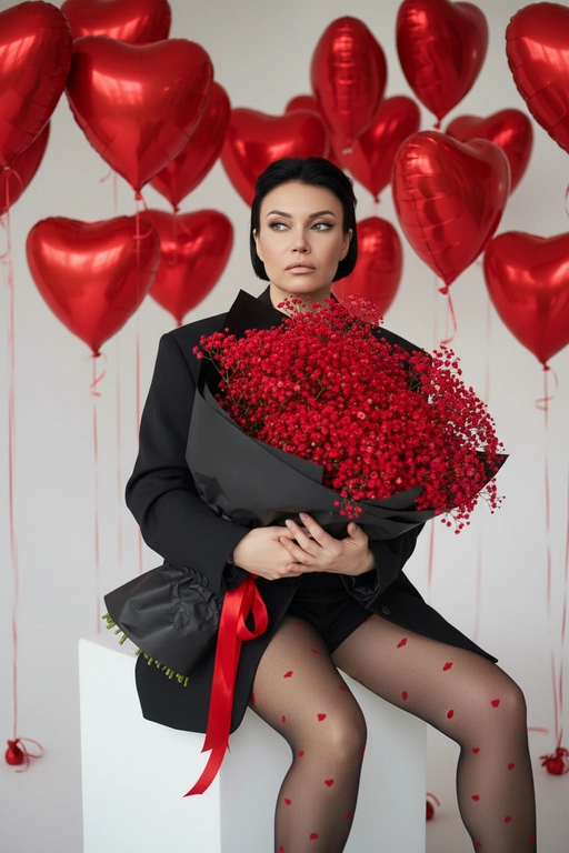 Создай крупный портрет, не меняя черты лица. Эстетичный снимок в стиле высокой моды (Vogue). В центре композиции - девушка, сидящая на белом кубе, она держит огромный пышный букет в черной матовой крафтовой бумаге с красной лентой. Девушка одета в оверсайз черный жакет (блейзер) и тонкие черные капроновые колготки с мелким принтом в виде красных сердечек.  Безупречный макияж. На заднем плане — минималистичный светлый интерьер, заполненный множеством парящих красных фольгированных шаров в форме сердец на тонких лентах. Освещение мягкое, студийное, создающее легкие блики на глянцевой поверхности шаров и подчеркивающее текстуру цветов.

Стиль и качество: Кинематографичный кадр, гиперреализм, высокая детализация тканей и лепестков.
Глубокий контраст между насыщенным красным цветом и строгим черным цветом одежды. Камера на уровне глаз, объектив 35mm, f/2.8. Огромный и пышный букет из ярко-красной гипсофилы