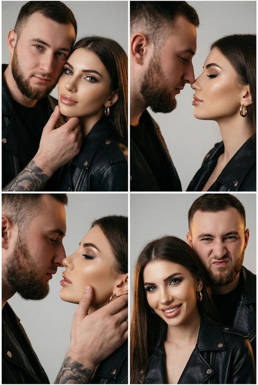 Фотореалистичный кинематографический коллаж в стиле фотобудки 2×2 из четырёх интимных портретов стильной пары крупным планом, расположенных в бесшовной сетке 2×2, на каждом кадре показана разная поза и выражение лица. Лица не меняются.  
  
Вверху слева — крупный план головы и плеч, мужчина нежно обнимает подбородок женщины; вверху справа — интимный профиль «нос к носу»; внизу слева — почти поцелуй с приоткрытыми губами и лёгким касанием щеки пальцами; внизу справа — игривый спонтанный снимок, где женщина смотрит в камеру, а мужчина корчит смешную рожицу.  
  
Обе модели модные и гламурные, тёплый загар с реалистичными бликами, естественная зернистость плёнки и тонкая текстура кожи. Женщина с золотыми серьгами‑кольцами, безупречным гламурным макияжем и блестящими губами; они оба в лёгких черных кожаных куртках; видны ювелирные украшения и фактурные ткани.  
  
Студийный бесшовный светло‑серый фон, мягкий равномерный ключевой свет спереди слева, тёплый вольфрамовый контурный свет справа для разделения, мягкие направленные тени для глубины. Кинематографическая атмосферная цветокоррекция с тёплыми бликами и нейтральными глубокими тенями, эстетика редакционного журнала. Сверхдетализированные пряди волос, реалистичные ресницы и брови, резкие отражения металла и ткани, правдоподобная ретушь журнального уровня, но при этом естественная.