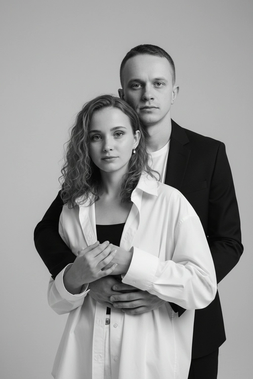 Черно-белый портрет мужчины и женщины в стиле фэшн фотосессии в фотостудии. Не изменяйте лица. Фон нейтральный, однотонный, светло-серый. Атмосфера интимная и спокойная. На переднем плане женщина. Вся композиция выполнена в приглушенной монохромной гамме со студийным освещением, которое подчеркивает текстуру кожи и одежды. Её руки лежат на груди мужчины. Мужчина обнимает женщину сзади, положив свою руку поверх её руки. Она одета в черный топ, белую оверсайз рубашку. Мужчина одет в  классическом черном пиджаке и белой футболке.