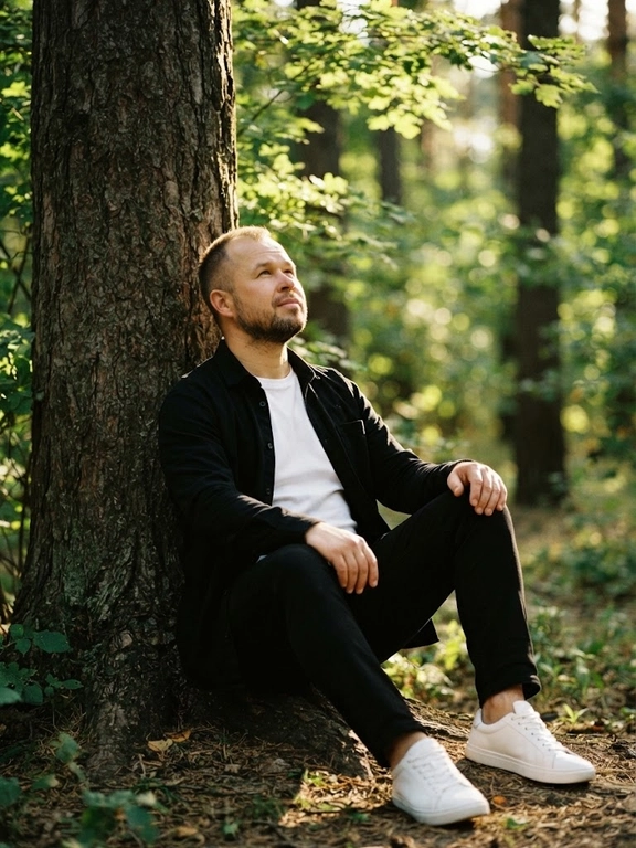 A cinematic medium shot of a stylish young man with a groomed beard and short hair, sitting on lush green grass leaning against a large textured tree trunk in a sun-drenched forest. He is wearing a black open button-up shirt over a plain white t-shirt, black trousers, and clean white sneakers. He is looking up towards the sunlight with a calm, thoughtful expression. Soft bokeh background with dappled sunlight filtering through dense green foliage. High detail, realistic textures, natural lighting, 8k, shot on 85mm lens.