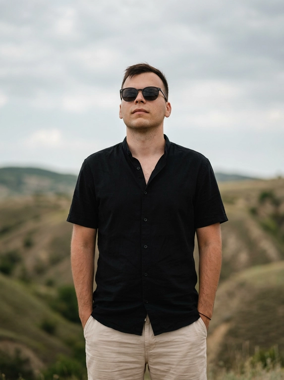 Создай фото, не меняя черты лица. Мужчина стоит на фоне холмистого природного пейзажа под облачным небом. Снимок выполнен в стиле спокойной lifestyle-фотографии с естественной композицией и мягким дневным светом. Атмосфера умиротворённая, свободная и немного кинематографичная. Цветовая гамма приглушённая, с землистыми оттенками, натуральной зеленью и мягким контрастом.

На мужчине чёрная рубашка с коротким рукавом, застёгнутая на несколько пуговиц, и светлые шорты. Руки расслабленно находятся в карманах. Он слегка запрокидывает голову и смотрит вверх. На лице тёмные солнцезащитные очки. Фон слегка размыт, акцент на человеке, реалистичная кожа, естественная поза, высокая детализация, без глянцевого AI-эффекта.
