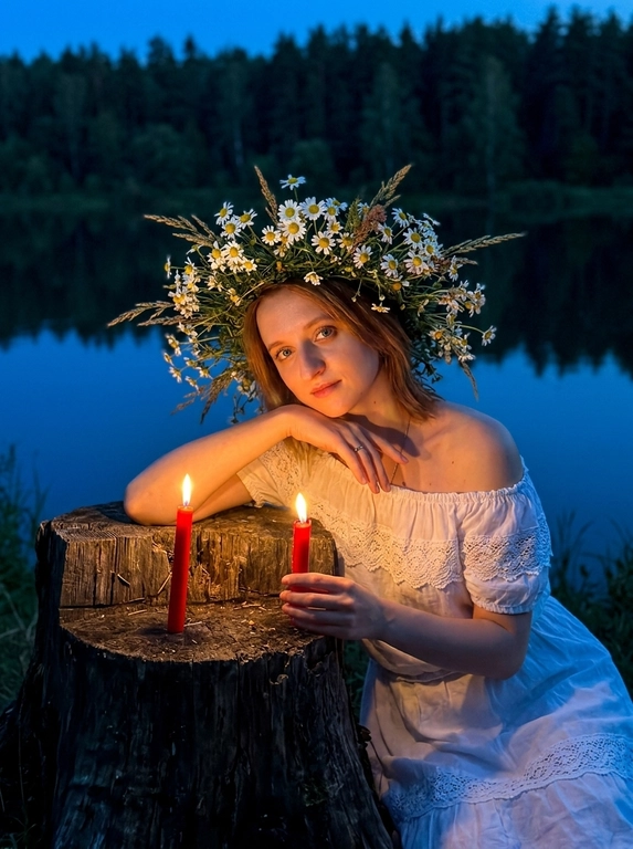 Ultra-realistic Ivan Kupala night atmosphere near a calm lake at twilight. Woman sitting beside an old tree stump near the water, body slightly leaning forward in a dreamy relaxed pose, one arm resting naturally over the knee, the other delicately holding a thin burning red candle beside another candle on the stump. White off-shoulder vintage peasant dress with lace details and soft fabric folds. Hair styling only: soft natural styling with loose face-framing strands. Large realistic wildflower crown made of chamomile flowers, meadow grass and white blossoms. Dark forest and calm lake behind, warm candlelight illuminating the face and hands, deep blue twilight shadows, mystical summer night mood. Shot on iPhone night mode, realistic low-light grain, lowered exposure, no flash, no blur, no bokeh, everything sharp and in focus.