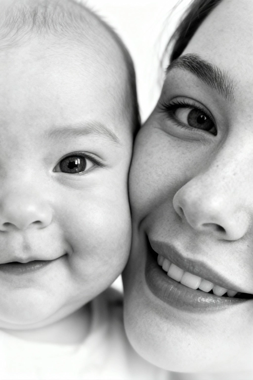 Сверхреалистичная черно-белая художественная фотография 8K женщины и ребенка, снятая очень крупным планом, щека к щеке так что видны только правая половина лица женщины и левая половина лица ребенка. которые смотрят в камеру. Их лица расположены рядом, почти соприкасаясь, образуя идеально сбалансированную симметричную композицию. Каждая деталь передана с фотографической точностью: тонкая текстура кожи и плавные градиенты света и тени. Видимая половина женщины включает ее бровь, один глаз , часть ее носа, щеку и губы, слегка приоткрытые в нежной, естественной улыбке, Видимая половина ребенка включает один глаз , круглую мягкую щеку, часть носа и небольшую улыбку, Фон белый и слегка размытый, что подчеркивает эмоциональную близость между ними. Освещение мягкое и рассеянное, создает деликатный контраст и тональную глубину. На снимке запечатлены нежность, близость и связь между матерью и ребенком, запечатленные с потрясающей реалистичностью. Не меняй черты лиц. 