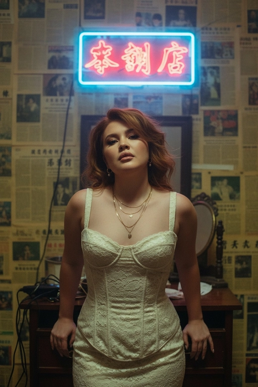 Используйте отправленную мной фотографию в качестве референса. Создайте фотореалистичный гонконгский ретро-портрет с аутентичным видом фильма 1990-х годов, как кадр из мрачного фильма. Строго сохраняйте индивидуальность (разрез глаз, губы, переносицу, линию подбородка, тон кожи). Вертикальный портрет, от середины бедра до головы (3/4 тела). Модель стоит, слегка наклонившись к камере, обе руки лежат на небольшом деревянном шкафу позади нее; плечи расслаблены. Подбородок слегка опущен, взгляд вверх, в камеру с меланхоличным, спокойным выражением. Сцена: тесная, захламленная гонконгская комната, стены от края до края оклеены пожелтевшими кантонскими газетами. Позади модели: туманная неоновая китайская вывеска (красный и голубой), светящаяся сквозь туман у потолка. Загроможденная мебель: компактный шкаф, разбросанные провода, виден край небольшого зеркала. Гардероб и стиль: платье в стиле корсета из кремового/слоновой кости кружева (со вкусом, неоткровенное), многослойные изящные золотые ожерелья, маленькие серьги-кольца или жемчужные серьги. Волосы взъерошены. Лицо должно быть точной копией моих настоящих черт лица, не меняйте лицо и сделайте фотографию высокого разрешения.