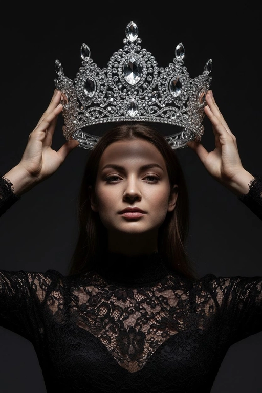 Модный портрет женщины крупным планом, стоящей прямо перед камерой, со слегка приподнятым подбородком. Она держит двумя руками почти над головой искусно выполненную корону с богатым филигранным орнаментом и крупными сверкающими драгоценными камнями. Корона находится в резком фокусе, отбрасывая тень на лицо. Освещение падает сверху, подчёркивая корону и создавая драматичный, контрастный эффект. Тёмная тень на лице усиливает ощущение таинственности и элегантности. Её платье – из тонкого чёрного кружева с высоким воротом. Фон темный, усиливая драматизм. Корона полностью хрустальная.