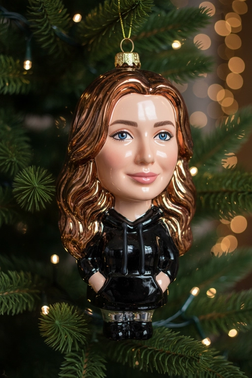 Создайте ёлочное украшение в виде мини-фигурки персонажа с моей фотографии: выдувное стекло, глянцевая лакированная поверхность, яркие чистые цвета, блики и немного прозрачности. Постарайтесь максимально приблизить черты лица и причёску, сделайте голову крупнее, а тело — меньше, в милом игрушечном стиле. Добавьте золотую петельку для подвешивания и повесьте украшение на ёлочную ветку с мягкими гирляндами боке и тёплой праздничной подсветкой на заднем плане.  Если на моей фотографии несколько человек, то сделай несколько игрушек, висящих рядом.