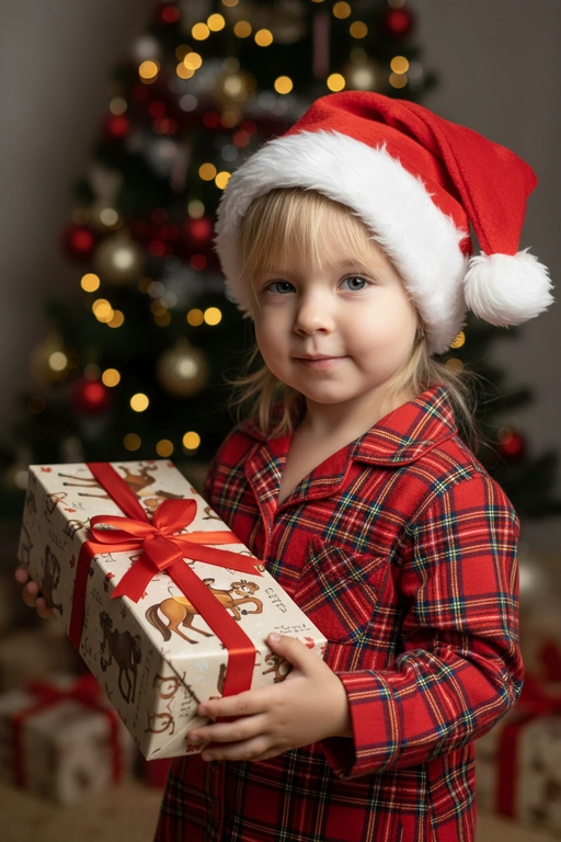 Используйте отправленную мной фотографию в качестве референса. Камера снимается немного выше уровня глаз, глядя прямо на модель, охватывая от середины груди и выше.  На изображении человек держит подарочную коробку  (размер 50х500х50 сантиметров) с крышкой, перевязанную красной лентой. На коробке нарисованные игрушечные лошадки. На фоне размытая рождественская или новогодняя елка. Лицо в три четверти (3/4), Модель в красной пижамной рубашке в клетку. Смотрит в камеру с легкой улыбкой, как будто предвкушая открыть свой подарок. 

Освещение выполнено по принципу софтбокса, но с более сильным, концентрированным основным светом для создания интенсивного свечения, сохраняя при этом мягкие тени, которые подчёркивают черты лица человека. 
Гиперреалистичная детализация, передающая каждый нюанс красоты, выражения лица и сложную текстуру волос, кожи и одежды. Атмосфера новогоднего праздника.  На голове у ребенка рождественский красный колпак с белым помпоном на конце, колпак надет почти на макушке, видны передние волосы  