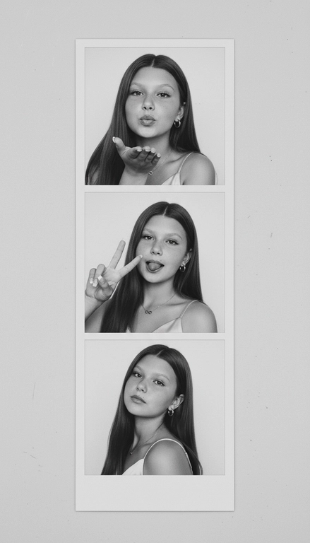  Используя мою фотографию в качестве референса для лица и волос, не изменяя исходные черты лица и сохраняя верность моим физическим характеристикам, создайте ленту из фотографий в ч/б с тремя вертикальными белыми рамками. Лента выглядит так, будто лежит на столе или фоне. Фотографии выглядят профессионально , как будто из настоящей фотобудки. 

В каждой рамке по центру расположены портрет и фотография погрудной проекции одного и того же человека. Взгляд прямо в камеру.

Общая эстетика винтажная, с лёгкой зернистостью и выцветшим качеством, напоминающая классическую аналоговую фотографию. Но при этом изображение выполнено в высоком разрешении. На светло-сером фоне видны едва заметные следы пыли и царапин. Лица человека на белом фоне. 
НЕ ИЗМЕНЯЙТЕ МОЁ ЛИЦО. На верхнем фото девушка посылает зрителю воздушный поцелуй, поднеся правую руку ко рту и слегка поджав губы. Выражение её лица игривое и дружелюбное.  На среднем фото девушка мило и игриво показывает знак мира, высунув язык. Брови слегка приподняты. На нижнем фото девушка позирует, отвернувшись к плечу, смотрит прямо в камеру с более спокойным и уверенным выражением лица. Губы мягко сжаты, взгляд прямой и чувственный. ОДЕЖДА: На ней маленькие серьги-кольца и изящное ожерелье с символом бесконечности поверх светлого атласного или шёлкового топа. На ней естественный макияж, включая глянцевый блеск для губ, лёгкую подводку для глаз и кукольные нарощенные ресницы, без излишеств. У неё квадратный французский маникюр. 