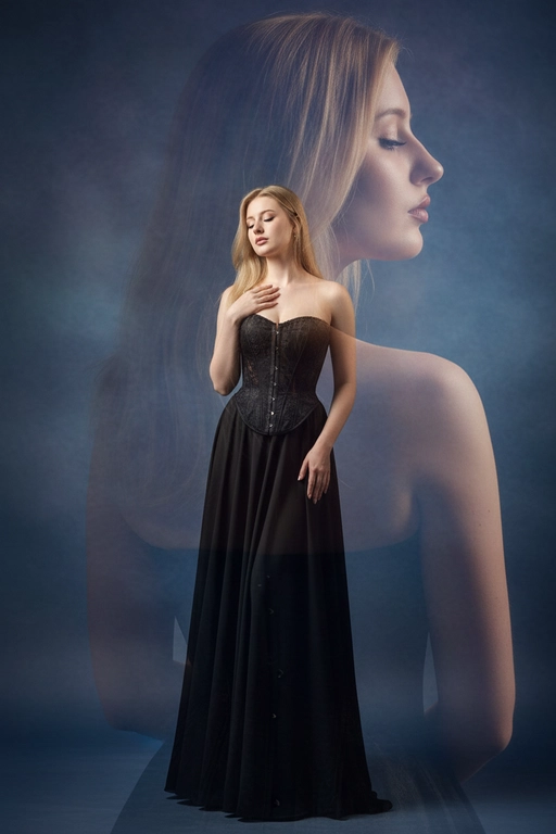 Реалистичный портрет красивой женщины, вдохновлённый референсной фотографией, волосы с легкой укладкой, элегантное чёрное платье с корсетными деталями, мягкое кинематографическое освещение, чувственная поза с закрытыми глазами, дымчатый фон, композиция с двойной экспозицией (крупный план лица сзади, портрет в полный рост спереди), высококачественная студийная фотография, богатый контраст, тонкая текстура кожи, реалистичные тени и блики, художественная глубина резкости, фотореалистичный стиль