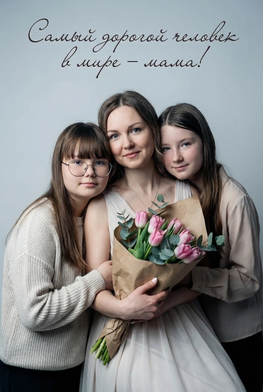 Создай трогательный кадр из профессиональной фотосессии в студии, где запечатлен момент близости матери и ее ребенка/детей. Дети могут быть как взрослыми так и детьми, в зависимости от предоставленных фото. Сделай так, чтобы все они смотрелись гармонично и трогательно. Мама одета в светлое платье. Ее дети/ребенок одеты в подходящую по стилю фотосессии. Освещение холодное. Фон светлый, бесшовный. Фото в стиле Энни Лейбовиц, четкий фокус. У мамы в руках букет розовых тюльпанов и эвкалипта в крафтовой бумаге. Люди смотрят в камеру с мягкой улыбкой. Наверху поверх фото красивым рукописным шрифтом с завитками написано:  Самый дорогой человек в мире – мама!