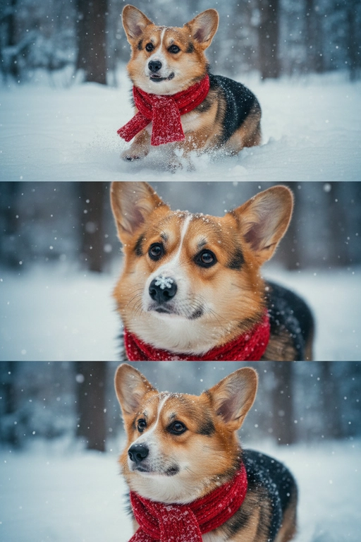    Коллаж из 3-Х фото моего питомца на зимнем фоне в снегу. Питомец в вязаном шарфе, вокруг падает снег, на заднем плане заснеженный лес.

Первый кадр — питомец в полный рост. Он играется со снегом 

Второй кадр — крупный план, увеличенный кадр мордочки питомца с одной снежинкой на носике. Мордочка питомца занимает весь кадр, взгляд прямо в камеру 
 
Третий кадр - портрет питомца, он смотрит в левую сторону. На фото виден шарф, на шарфу есть снежинки 

Три кадра объединены в вертикальный коллаж в едином тоне и свете. Атмосфера — реалистичная, теплая и немного кинематографичная.
Свет мягкий, утренний.  Цвет шарфа - красный 
