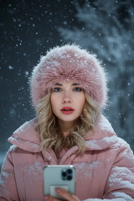 Селфи крупным планом, сделанное ночью на улице во время сильного снегопада. У женщины выразительные волосы и выразительные глаза, на ресницах и волосах которой лежат снежинки. На ней зимняя шапка из искусственного меха, почти полностью покрытая снегом, и пуховая куртка, припорошённая снегом на плечах и воротнике.
Освещение: мягкий холодный ночной свет сверху и немного спереди, создающий лёгкое свечение на щеках и лёгкие блики на куртке.
Поза: она держит камеру чуть ниже уровня глаз, уверенно снимая своё лицо снизу вверх; губы слегка приоткрыты, выражение лица спокойное, но выразительное. Фон: тёмное зимнее ночное небо, едва заметные ветви деревьев, слегка покрытые инеем, минимальная видимость для создания драматического настроения. Атмосфера: холодная, кинематографичная, с чистой зимней энергией; стильный современный снежный портрет с естественной текстурой и деталями. Шапка и куртка розового цвета.