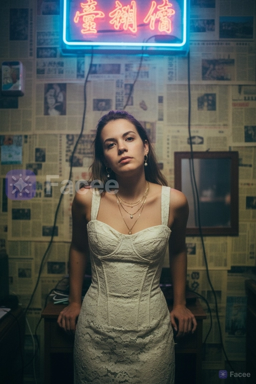 Используйте отправленную мной фотографию в качестве референса. Создайте фотореалистичный гонконгский ретро-портрет с аутентичным видом фильма 1990-х годов, как кадр из мрачного фильма. Строго сохраняйте индивидуальность (разрез глаз, губы, переносицу, линию подбородка, тон кожи). Вертикальный портрет, от середины бедра до головы (3/4 тела). Модель стоит, слегка наклонившись к камере, обе руки лежат на небольшом деревянном шкафу позади нее; плечи расслаблены. Подбородок слегка опущен, взгляд вверх, в камеру с меланхоличным, спокойным выражением. Сцена: тесная, захламленная гонконгская комната, стены от края до края оклеены пожелтевшими кантонскими газетами. Позади модели: туманная неоновая китайская вывеска (красный и голубой), светящаяся сквозь туман у потолка. Загроможденная мебель: компактный шкаф, разбросанные провода, виден край небольшого зеркала. Гардероб и стиль: платье в стиле корсета из кремового/слоновой кости кружева (со вкусом, неоткровенное), многослойные изящные золотые ожерелья, маленькие серьги-кольца или жемчужные серьги. Волосы взъерошены. Лицо должно быть точной копией моих настоящих черт лица, не меняйте лицо и сделайте фотографию высокого разрешения.