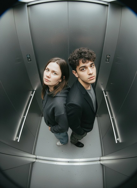 Используй предоставленные изображения и создай фото с двумя людьми в лифте с металлическими стенами. Цветовая гамма с преообладанием серых металлических оттенков. Кадр снят с максимально верхнего ракурса, люди будто заглядывают в камеру, их головы подняты наверх, взгляд в камеру. Легкий эффект fish eye. Реалистичное фото. Зернистость пленочного фото, насыщенные цвета, стиль фото y2k. Сохрани черты лица людей. Они стоят спиной друг к другу. Руки в карманах.
