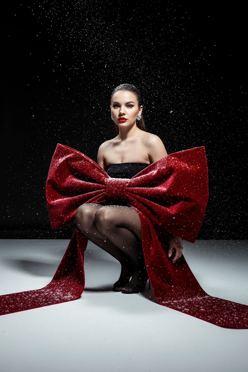 Создай изображение не меняя черты лица. Студийный портрет в стиле рождественской/новогодней модной кампании. Я в элегантной, присевшей позе, взгляд сфокусирован прямо в камеру. Огромный, гипертрофированно большой, роскошный бант из красного бархата, который обернут вокруг тела модели как кутюрный элемент одежды  с очень длинными, широкими ниспадающими концами, которые тянутся по полу. Бант и белый пол покрыты имитацией снега. Минималистичный черный топ без бретелей (bandeau) ,темные, полупрозрачные колготки, черные босоножки с открытым носом, на среднем каблуке. Гладко зачесанные назад волосы. Классический, выразительный макияж: яркая алая помада, четкие черные стрелки, хайлайтер. В ушах крупные, блестящие серьги-гвоздики.

Драматичное, контрастное студийное освещение (split lighting). Ярко освещенный белый пол/поверхность. Фон — глубокий черный, с эффектом динамично падающего яркого снега (snow dust effect).Фотография в высоком разрешении, гиперреализм, кинематографическое качество, профессиональный editorial-снимок для обложки Vogue, снято на камеру Hasselblad.