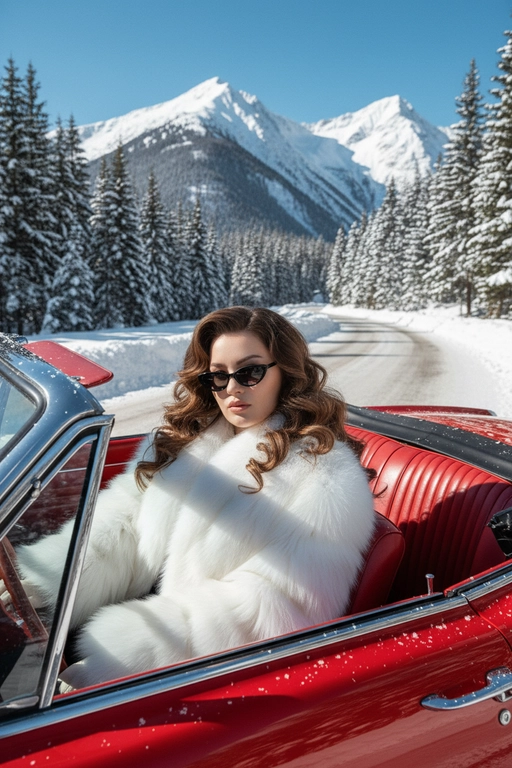 Создай изображение,  сохрани внешность и черты лица 
Фотореалистичное изображение роскошной женщины, сидящей в красном винтажном кабриолете с открытым верхом. Зима, вокруг заснеженный хвойный лес и горы. Женщина одета в огромную пушистую белую шубу и темные узкие солнцезащитные очки.  У нее объемная укладка с локонами в стиле супермоделей 90-х. Салон машины из красной кожи. Яркий дневной свет, глянцевая фотография, высокая детализация, эстетика "жены мафиози" (mob wife aesthetic), атмосфера курорта Куршевель.