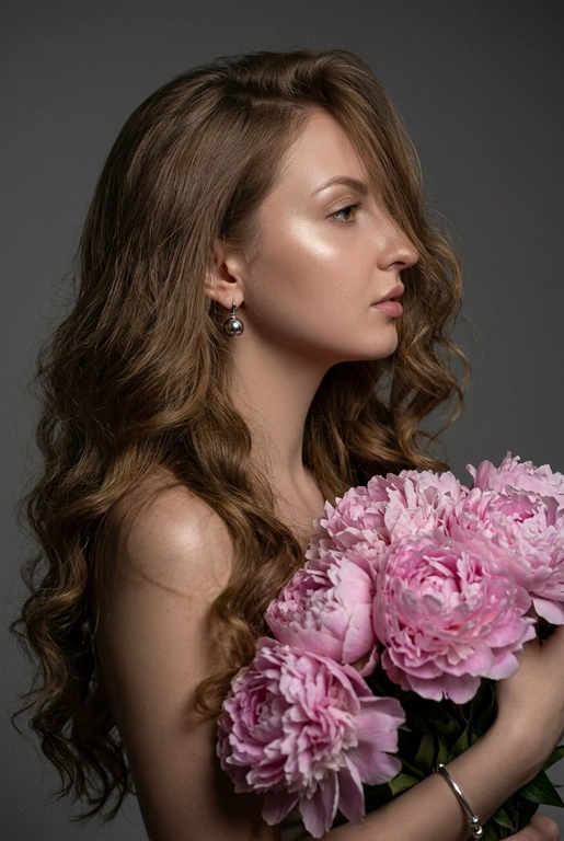 Создайте ультрареалистичный портрет, не меняя черты лица, крупным планом 3/4, с мягкой, освещённой кожей, атласной отделкой и естественным блеском, где женщина изображена в профиле. Спокойное и чувственное выражение лица, губы слегка полуоткрыты. Она носит серебряные серьги-шары и простой серебряный браслет на запястье.
Фон нейтральный, в светло-сером тоне, с тёмным, целенаправленным низким угловым освещением, которое подчёркивает контур лица, текстуру кожи и объём волос. Стиль редактирования — высокая мода, чёткий фокус 8K, реалистичная текстура, изысканная и элегантная атмосфера.


Длинные волнистые волосы покрывают часть лица объёмными локонами, выпадающими на лицо и плечо. 

Цветы: Держит в руках огромный букет розовых пионов