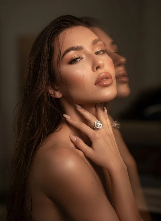 Создайте портрет женщины с длинными, волнистыми, влажными волосами, свободно ниспадающими на плечи, некоторые пряди прилипают к лицу. Она чувственно смотрит в камеру, слегка откинув голову назад, словно наслаждаясь мгновением покоя или чувственности. Её рука нежно лежит на шее, на пальце – эффектное сверкающее кольцо. Плечи опущены. Тёмный, почти однотонный и размытый фон подчёркивает силуэт и лицо женщины. Весь образ мастерски передан с помощью размытия в движении и световых бликов, которые создают ощущение естественного, сказочного движения головы и руки. Мягкие, тёплые тона, лёгкое свечение кожи и губ создают интимную, чувственную и таинственную атмосферу. Эффекты: размытие в движении, художественная длительная выдержка, тёплые тона, атмосфера сновидения. Макияж выразительный: длинные чёрные ресницы, бежевые тени с лёгким мерцанием, выразительные контуры и румяна, безупречная кожа и пухлые губы с нюдовым блеском и тёмно-коричневым карандашом для губ. Ухоженные брови с эффектом Bravenlifting. Длинные, заостренные ногти. Реалистичное фото, как будто снято на профессиональную камеру. Сохраните черты лица такими, какие они есть.