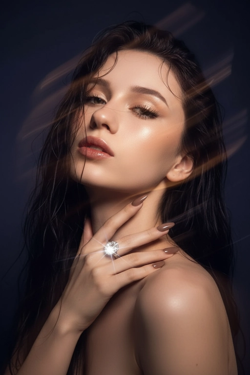 Создайте портрет женщины с длинными, волнистыми, влажными волосами, свободно ниспадающими на плечи, некоторые пряди прилипают к лицу. Она чувственно смотрит в камеру, слегка откинув голову назад, словно наслаждаясь мгновением покоя или чувственности. Её рука нежно лежит на шее, на пальце – эффектное сверкающее кольцо. Плечи опущены. Тёмный, почти однотонный и размытый фон подчёркивает силуэт и лицо женщины. Весь образ мастерски передан с помощью размытия в движении и световых бликов, которые создают ощущение естественного, сказочного движения головы и руки. Мягкие, тёплые тона, лёгкое свечение кожи и губ создают интимную, чувственную и таинственную атмосферу. Эффекты: размытие в движении, художественная длительная выдержка, тёплые тона, атмосфера сновидения. Макияж выразительный: длинные чёрные ресницы, бежевые тени с лёгким мерцанием, выразительные контуры и румяна, безупречная кожа и пухлые губы с нюдовым блеском и тёмно-коричневым карандашом для губ. Ухоженные брови с эффектом Bravenlifting. Длинные, заостренные ногти. Реалистичное фото, как будто снято на профессиональную камеру. Сохраните черты лица такими, какие они есть.