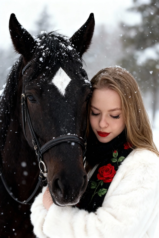 На изображении крупным планом показаны девушка и лошадь в зимней обстановке. Снег падает, создавая эффект заснеженности.девушка, одетая в шубу, обнимает лошадь. у девушки нарощенные ресницы. Девушка смотрит вниз и обнимает лошадь. На ее голове надет черный платок с ярким цветочным узором, включающим красные розы и зеленые листья. На ее губах нанесена красная помада.Лошадь темной масти, на лбу у нее белое пятно в форме ромба. На голове лошади надета упряжь. Мех и шерсть обоих покрыты снежинками.Фон представляет собой размытый зимний пейзаж с деревьями. На девушке пушистая белая шуба и красный платок